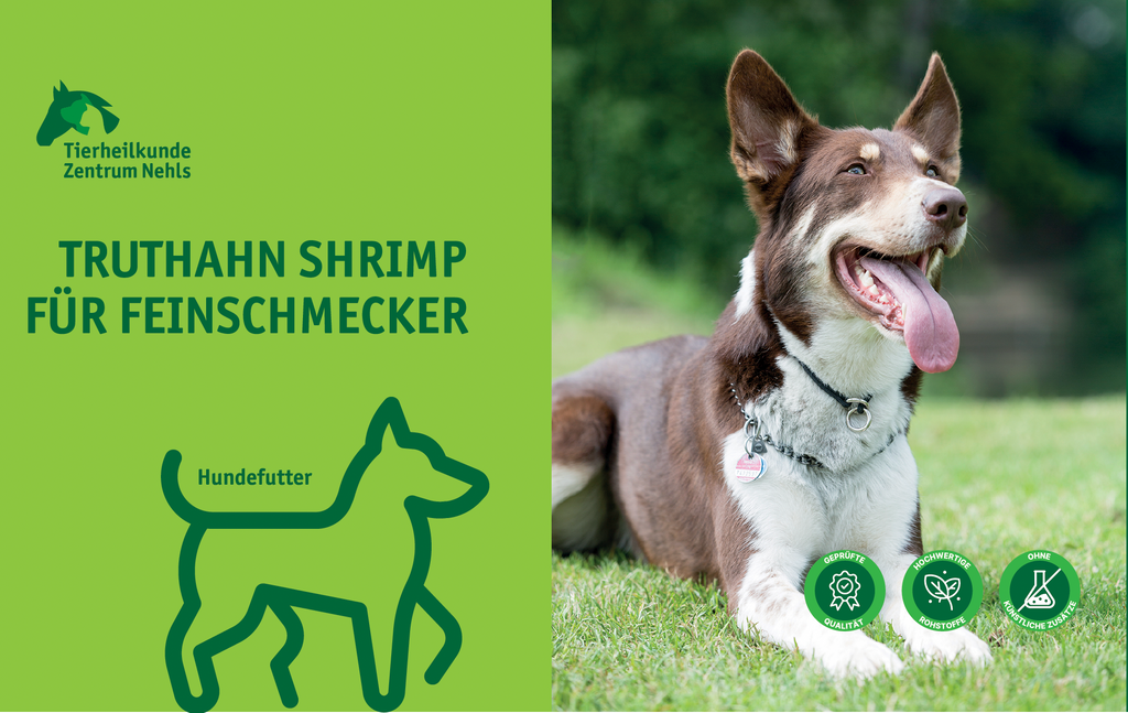 Dosenetikett mit Nehls Logo für das Nassfutter Truthahn Shrimp 